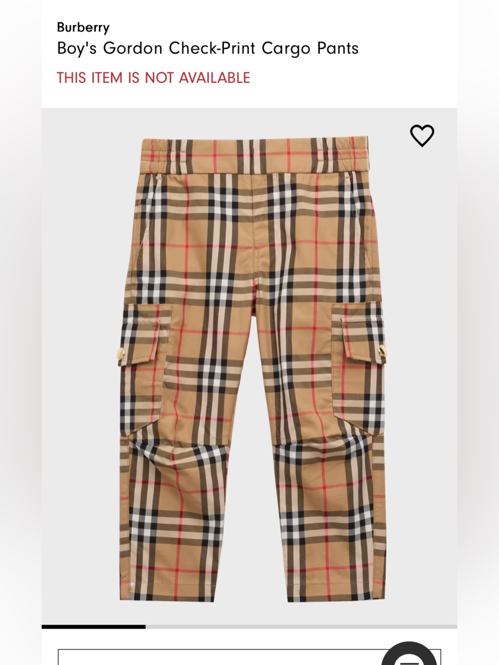 Burberry Authentic Boy's Gordon Check-Print Cargo Pants Size 12